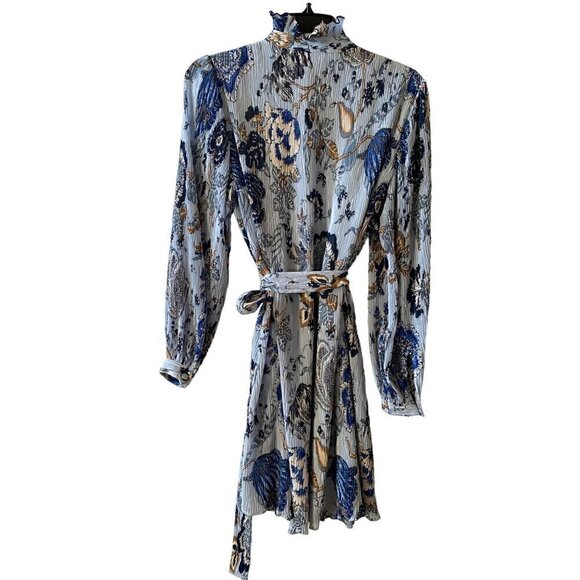 Tory Burch Deneuve Paisley Dress Size 0 Blue Crinkle Floral Ruffle Long Sleeve - Picture 3 of 14